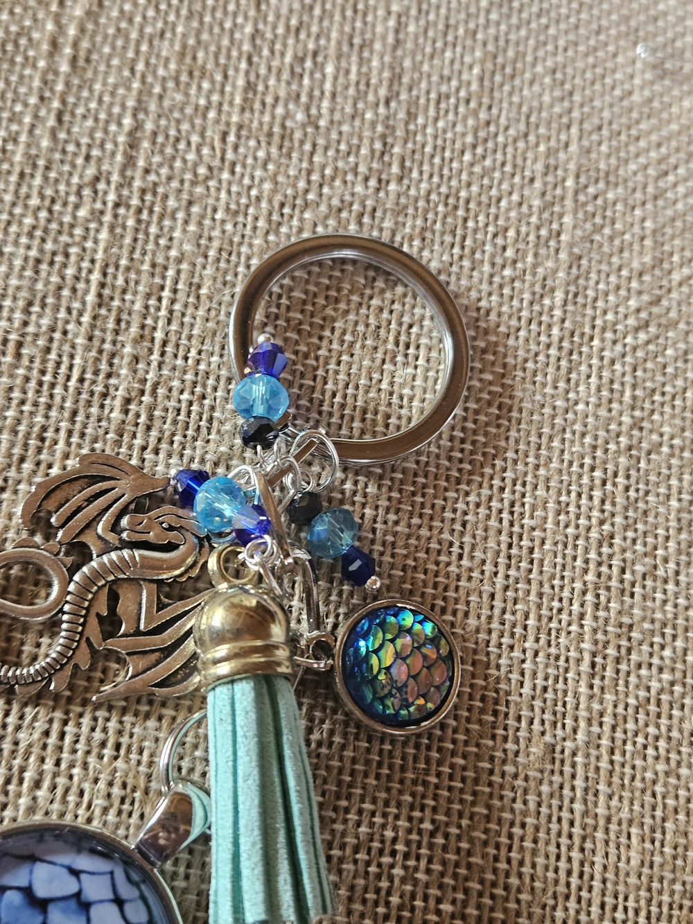 Blue Dragon Scale Keychain with Aqua Tassel - Picture 5 of 6